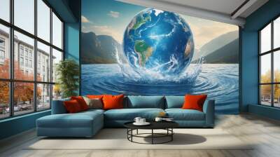 World Water Day. Banner concept for world water day decoration. Planet Earth, water splash, mountain landscape. Environmental protection and save earth water, Generate Ai. Wall mural