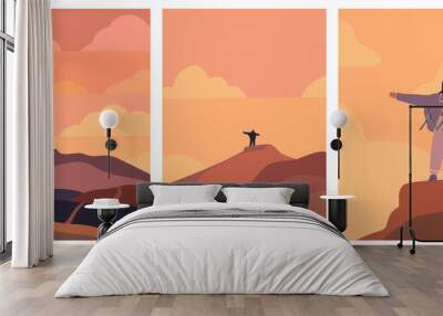 Zoom in backgrounds. Set of abstract minimalist aesthetic posters with mountain landscape, woman silhouette, clouds. Trendy vector illustration for wall decoration, postcard or brochure, social media. Wall mural