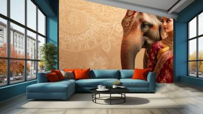  woman in traditional sari next to an elephant in festive attire. Ornamental background emphasizes atmosphere of luxury and tradition. Red and gold combination symbolizes wealth and celebration. Wall mural