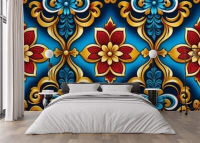 A beautiful blue and gold pattern adorned with red flowers, perfect for adding a touch of elegance to any design Wall mural