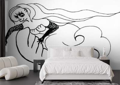 A mermaid with lush flowing hair and with long lace gloves on her hands. Illustration for coloring book. Isolated cartoon silhouette of sea woman in a large shell. Wallpaper for a slow life atmosphere Wall mural