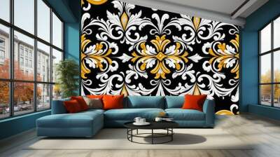 A modern wallpaper design featuring black and yellow colors with white accents Wall mural