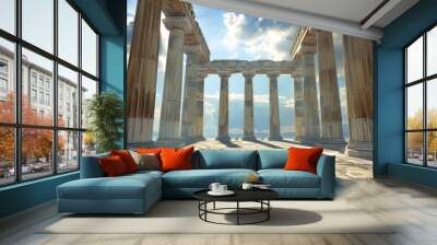 Ancient Greek or Roman temple, panorama of columns on blue sky background, scenery of old building on mountain top. Concept of history, Greece, antique, travel and culture Wall mural