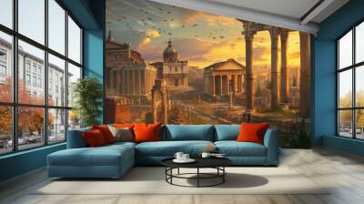 Ancient Rome at sunset, scenery of buildings and ruins in summer. Beautiful sunny panorama of historical city houses, sun and sky. Concept of Roman Empire, antique, painting, background. Wall mural