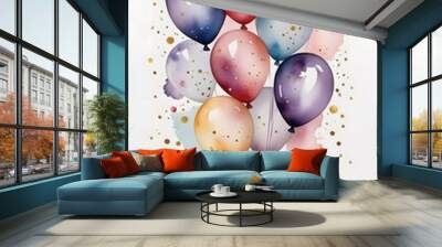 Bright watercolor balloons in pastel colors for a festive celebration Wall mural