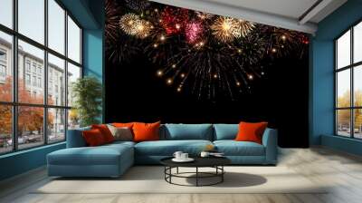 Beautiful colorful fireworks  for celebration on dark background , New year holiday concept Wall mural