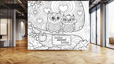 Coloring page of two cute owls that sit on a tree and look at each other Wall mural