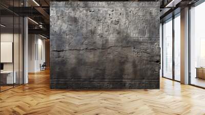 Damaged dark granite wall with Ancient Egyptian hieroglyphs, hieroglyphic writing of Egypt, texture background. Inscription as artifact of past civilization. Mystery, sign, old history Wall mural