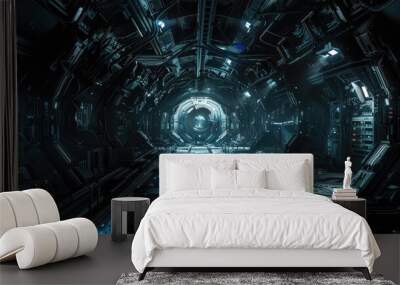 Dark interior of alien space base or spaceship, gloomy corridor inside extraterrestrial spacecraft, futuristic scene. Theme of future, room, ship, science, movie Wall mural