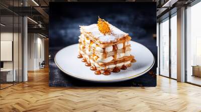 Decorated caramel mille-feuille cake on a plate Wall mural