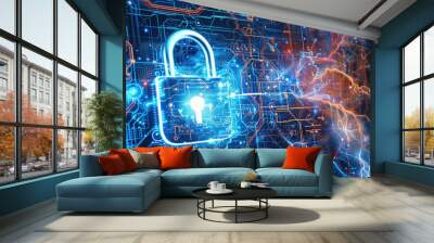 Digital lock with lightning in cyber space, abstract data background, secure computer information. Theme of padlock, protection, privacy, technology, security, art. Wall mural