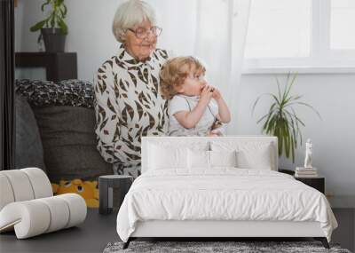 Elderly woman with her little grandson playing at home on the sofa Wall mural