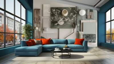 flat lay image of a stylish home decor composition, featuring assorted ceramic pieces, fabric swatch Wall mural