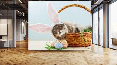 Gray fluffy cat with bunny ears in easter basket with easter eggs Wall mural