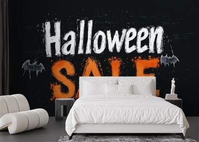 Halloween Sale white and orange text on black background, creative banner for shopping and party, illustration. Theme of design, icon, poster, typography, label. Wall mural