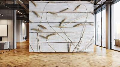 Heap of ripe barley spikes on white wooden rustic background Wall mural