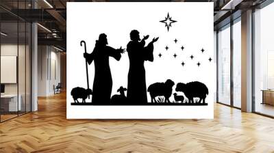 Holy Night silhouette - Nativity scene of baby Jesus silhouette in a manger with Mary and Joseph with the three wise men. Christian Christmas silhouette of animals. Illustration for children. Wall mural