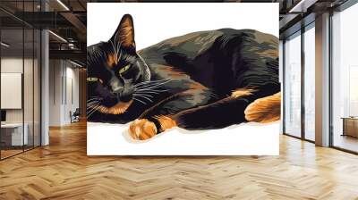 Illustration of a relaxed calico cat with green eyes lying on a white background Wall mural