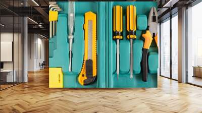 Layout of carpentry tools. Set of hand building tools in a box. Wall mural