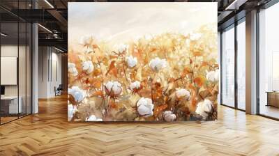 A painting of a field of cotton flowers with a blue sky in the background Wall mural