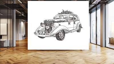 hand drawn a wedding retro car Illustration Wall mural