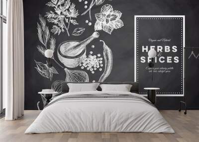 Vector background with hand drawn herbs and spices. Wall mural