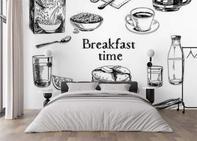 vector breakfast hand drawn set. vintage illustration. Wall mural