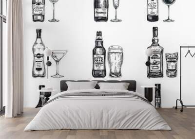 Vector hand drawn illustration with alcoholic drinks.  Wall mural