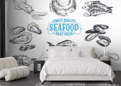 vector hand drawn illustration with seafood. Wall mural