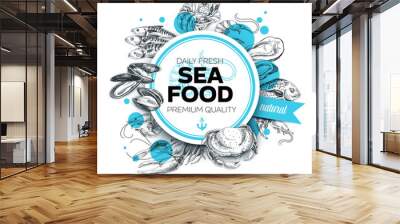 Vector hand drawn sea food Illustration.  Wall mural