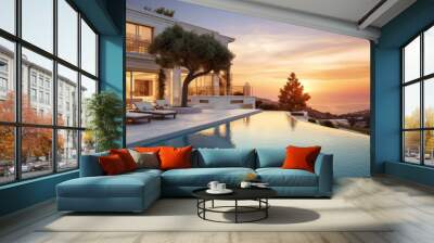 Luxury resort hotel with infinity pool at sunset. Mansion or villa and evening lighting, scenery of white house and terrace in Greek style. Concept of property, Greece and travel Wall mural