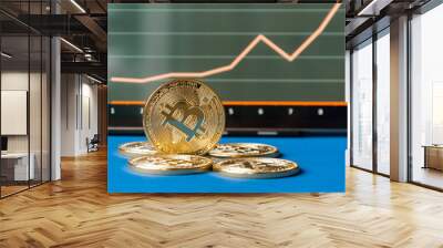 Few gold coins of bitcoins lie on the table in front of and next to the tablet on which charts of Bitcoin's cost growth are visible. One silver bitcoin stands side by side on the edge.  Wall mural