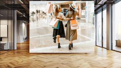 shopping and entertainment, mall inside. two beautiful girls with paper bags at the mall. the joy of Wall mural