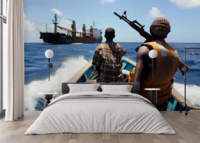 Modern day sea pirates attacking cargo ship, boat with armed men sails to bulk carrier. African people holding machine gun in ocean. Concept of piracy, security and somalia Wall mural