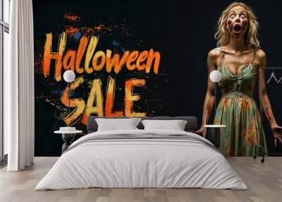 Portrait of living dead woman and Halloween Sale text on black background, excited surprised scary zombie. Theme of card, people, shopping, shock, person Wall mural