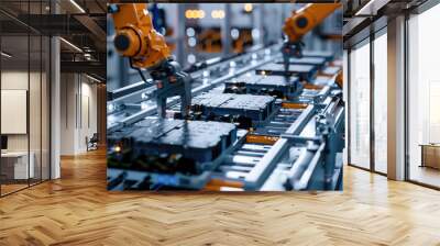 Robots assembling electric car batteries at automated line in modern factory, technology of lithium energy for vehicle. Theme of industry, ev, production, Wall mural