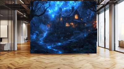 Scary haunted house in dark forest at Halloween night, spooky old gothic mansion in creepy woods. Theme of horror, path, light, background, fantasy. Wall mural