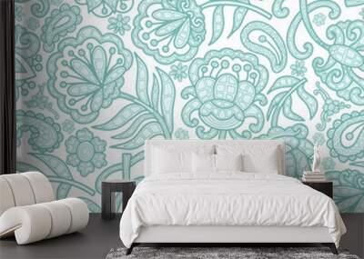 Swirl flowers, paisley pattern, white and blue colours. Seamless floral pattern-443. Wall mural