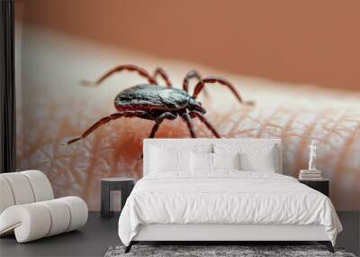 Tick on human body background, scary insect on skin, close up of danger ixodes mite on hand. Theme of animal, bite, encephalitis, health, disease Wall mural