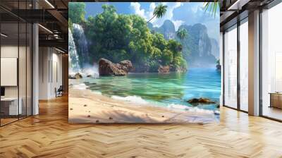 Tourist paradise at wild tropical forest, scene with beautiful beach, green mountains and blue water in jungle. Theme of wallpaper, wilderness, landscape, travel, nature Wall mural