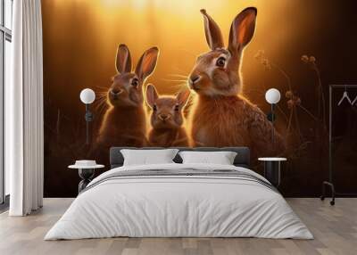 Wild hare family with two cubs Wall mural