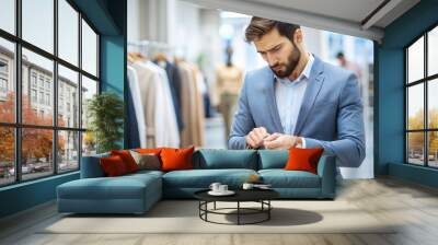 Young man looking at shopping bag with curiosity in clothing store interior Wall mural