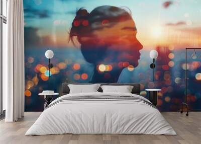 Young woman portrait on blurred city and sky background, person silhouette and urban lights at sunset. Concept of business, people at night, office building, multiple, think, Wall mural