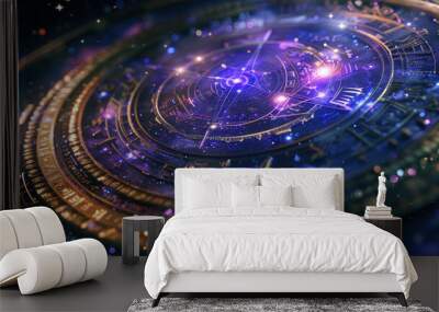 Zodiac signs on astrological wheel in space, abstract background, dark magical sky with stars in universe. Theme of astrology, mystery, fantasy, horoscope. Wall mural