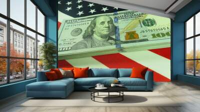 American dollars on national flag background  Wall mural