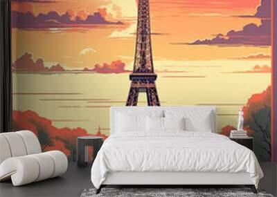 Paris, Eiffel Tower, and the Seine River. A retro-style poster with a colorful illustration of the Eiffel Tower, generative AI Wall mural