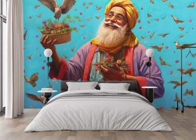 Smiling Sikh pilgrim, colorful illustration inspired by oriental traditions, AI generated Wall mural