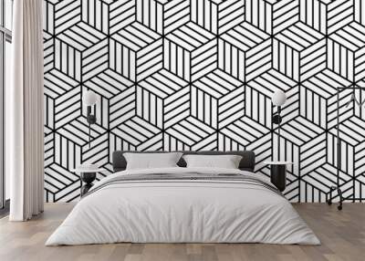 Abstract striped cubes geometric seamless pattern in black and white, vector Wall mural