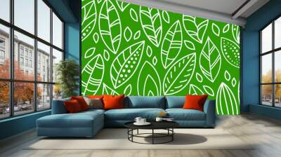 Green and white doodle leaves seamless pattern, vector Wall mural