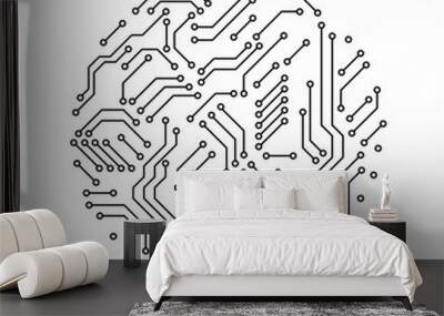 Printed circuit board black and white circle shape symbol of computer technology, vector Wall mural